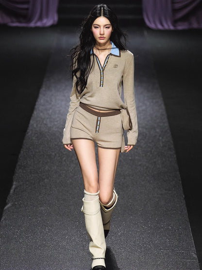Contrast Tie-Neck Polo Knit Set