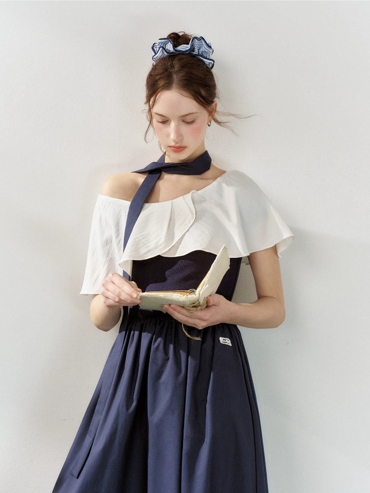 Navy Blue Cape Tie Mdi Dress
