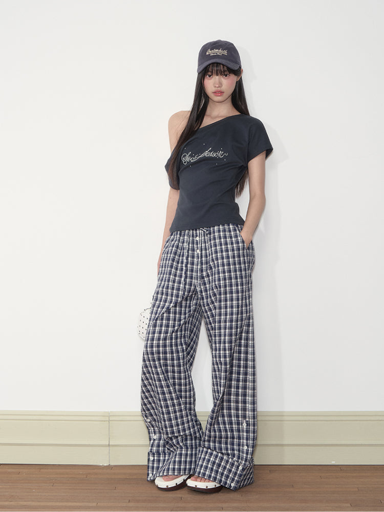 Flapped Loose Navy Checkered Pants