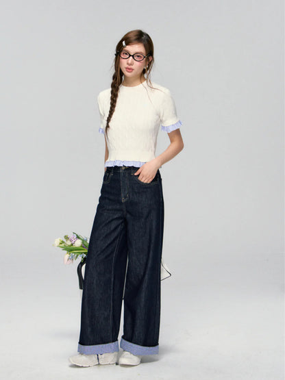 Color-block Plaid Patchwork Straight-leg Jeans