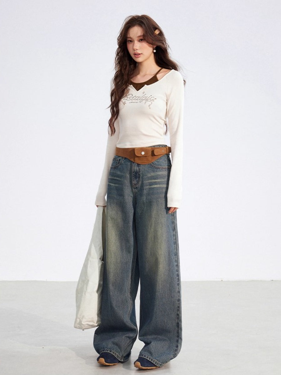 Butterfly Print Layered Long-Sleeve T-Shirt