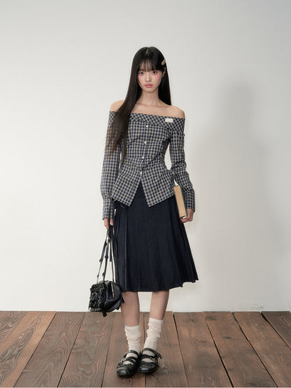 One-Shoulder Waist-Cinching Checked Shirt