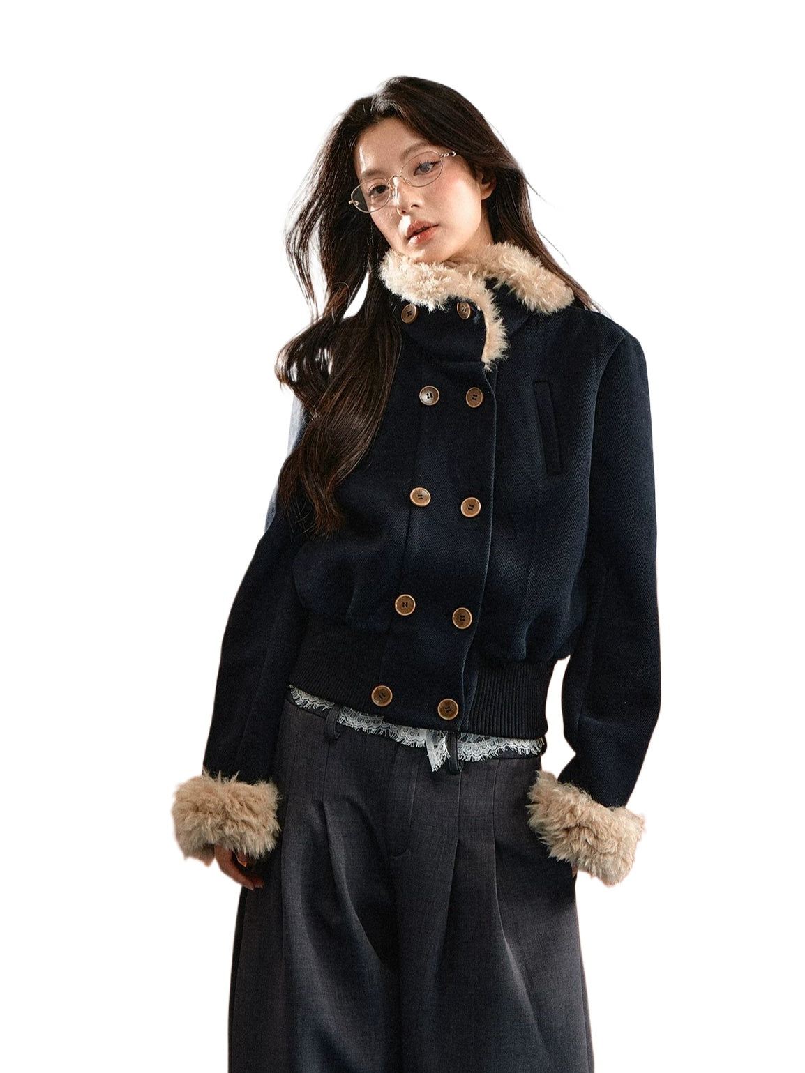 Navy Blue Vintage Faux Fur Collar Jacket