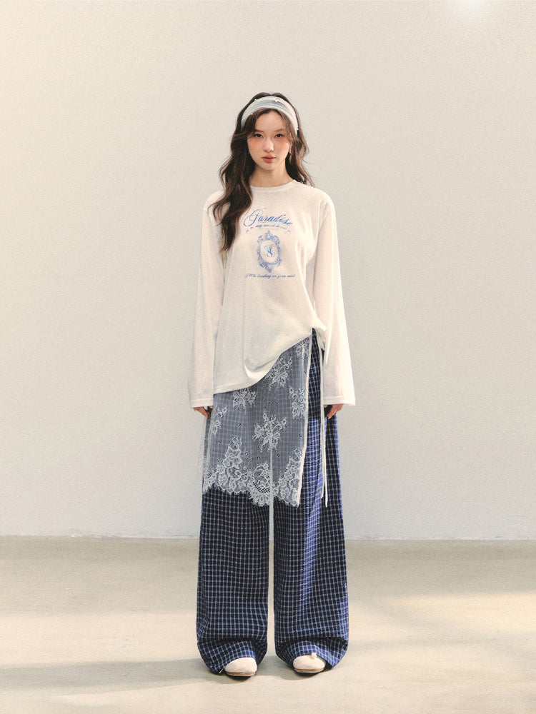 Plaid Color-block Waist Spliced Straight Pants