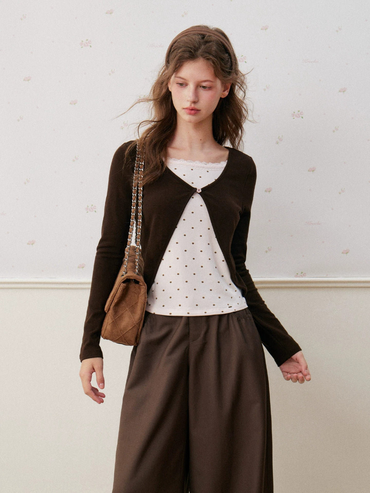 Rose Canele Contrast Polka Dot Knit Top