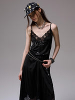 Satin Letter Print Spliced Lace Slip Midi Dress