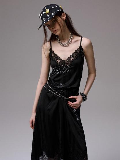 Satin Letter Print Spliced Lace Slip Midi Dress