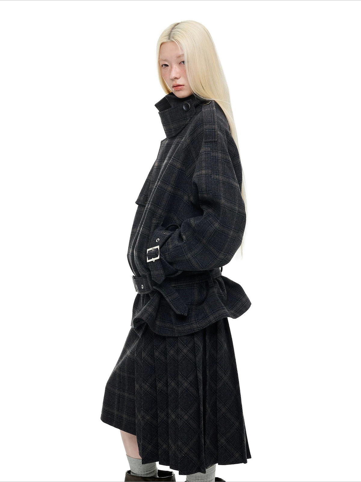 Vintage Black Plaid Wool Blend Jacket Set