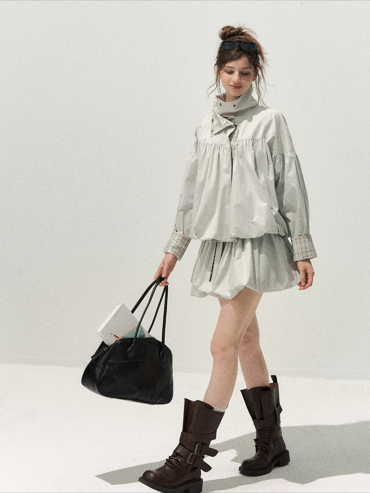 Blue Gray Plaid Trench Coat Set