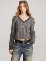 Distressed Cable Knit V Neck Sweater