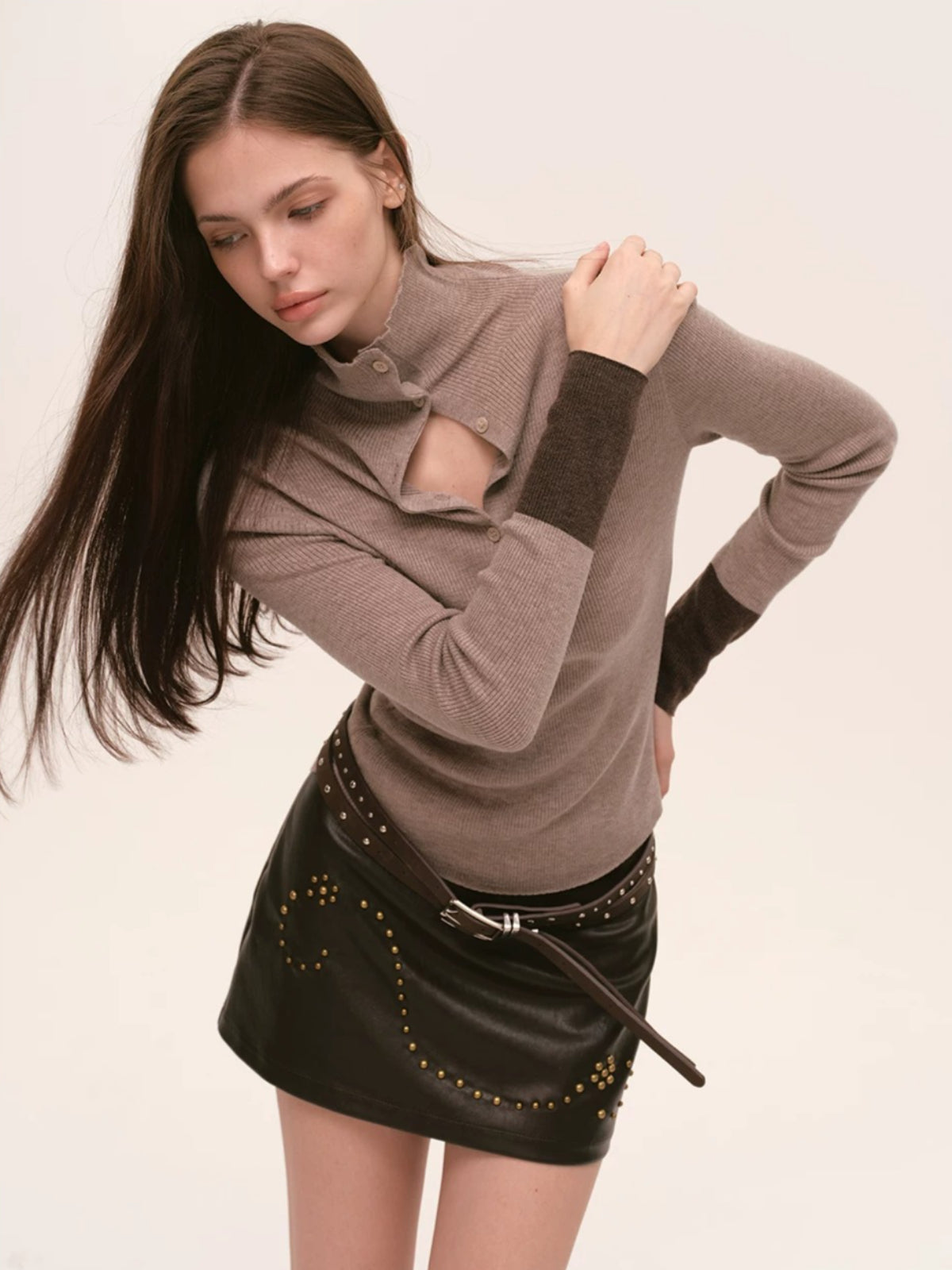 Contrast Cuff Button Neck Sweater