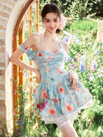 Floral Lace Halter Puff Short Dress