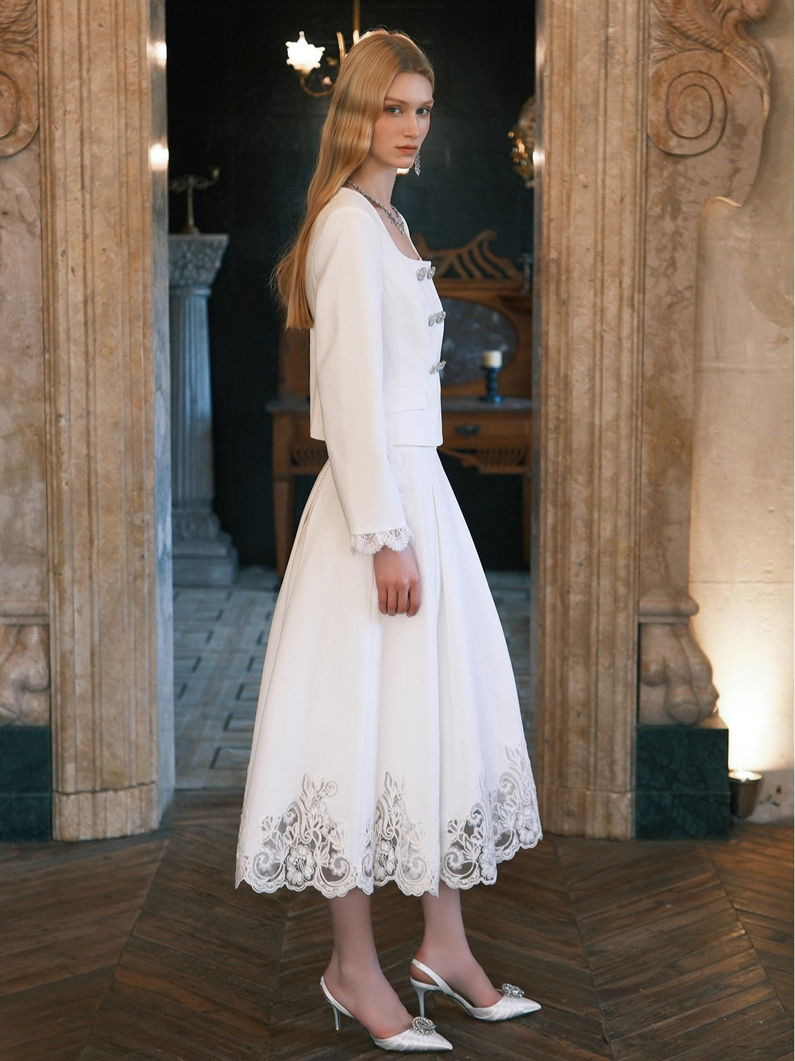 Mirage Vintage Lace-Collar Blazer &amp; Flared Skirt Set