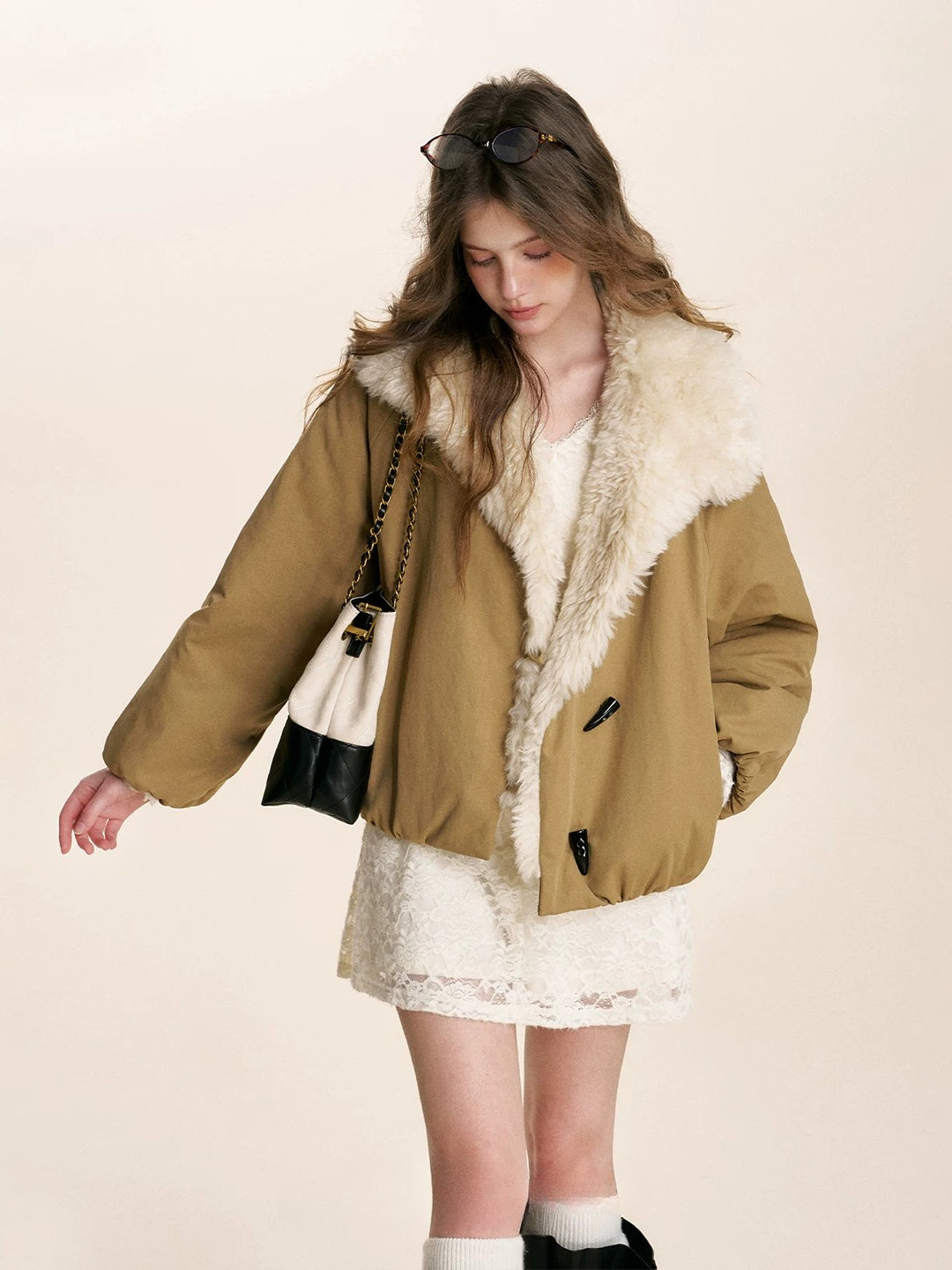 Khaki Shearling Collar Parka Jacket