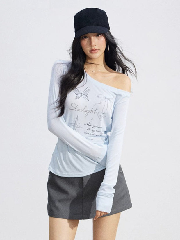 Irregular Off-Shoulder Butterfly T-shirt