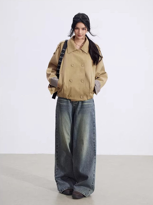 Khaki Plaid Panel Double-Breasted Jacket