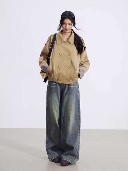 Khaki Plaid Panel Double-Breasted Jacket