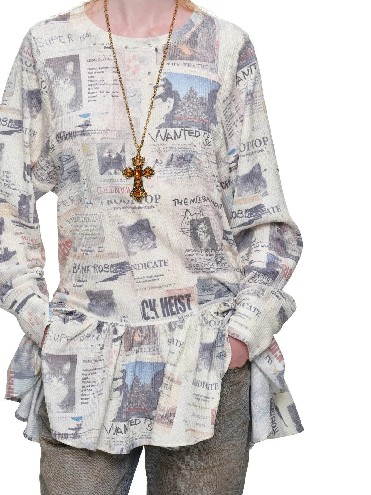 Cat Newspaper Ruffle Waffle Dress