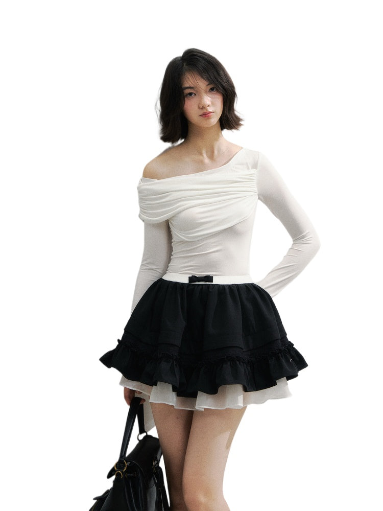 Asymmetric Shoulder Voluminous Ruched T-Shirt