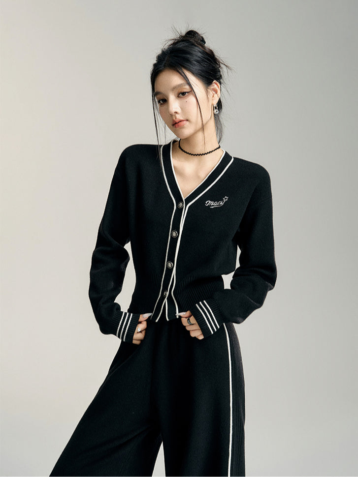 Black &amp; Off-white V-neck Knitted Cardigan Set