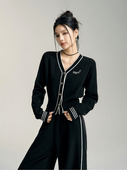 Black &amp; Off-white V-neck Knitted Cardigan Set