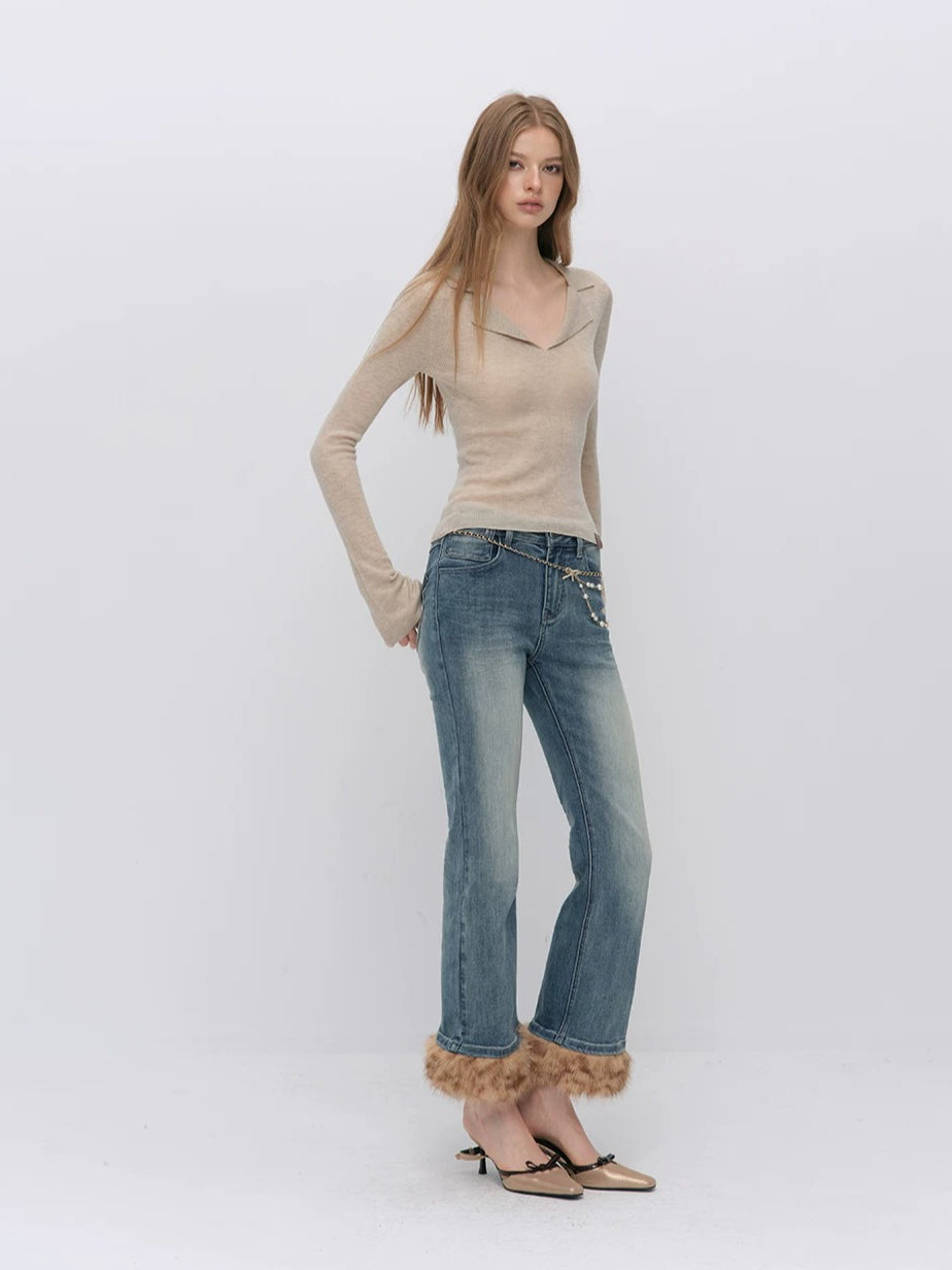 Ribbed Wool Polo Top