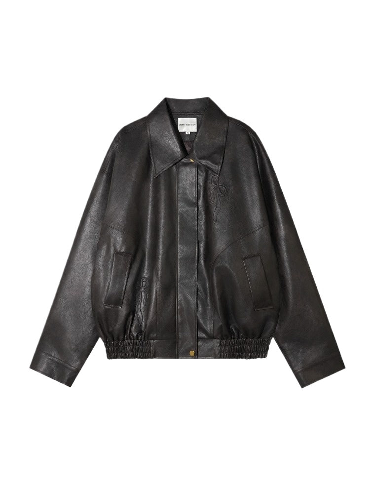 Vintage Bow Embossed Leather Jacket