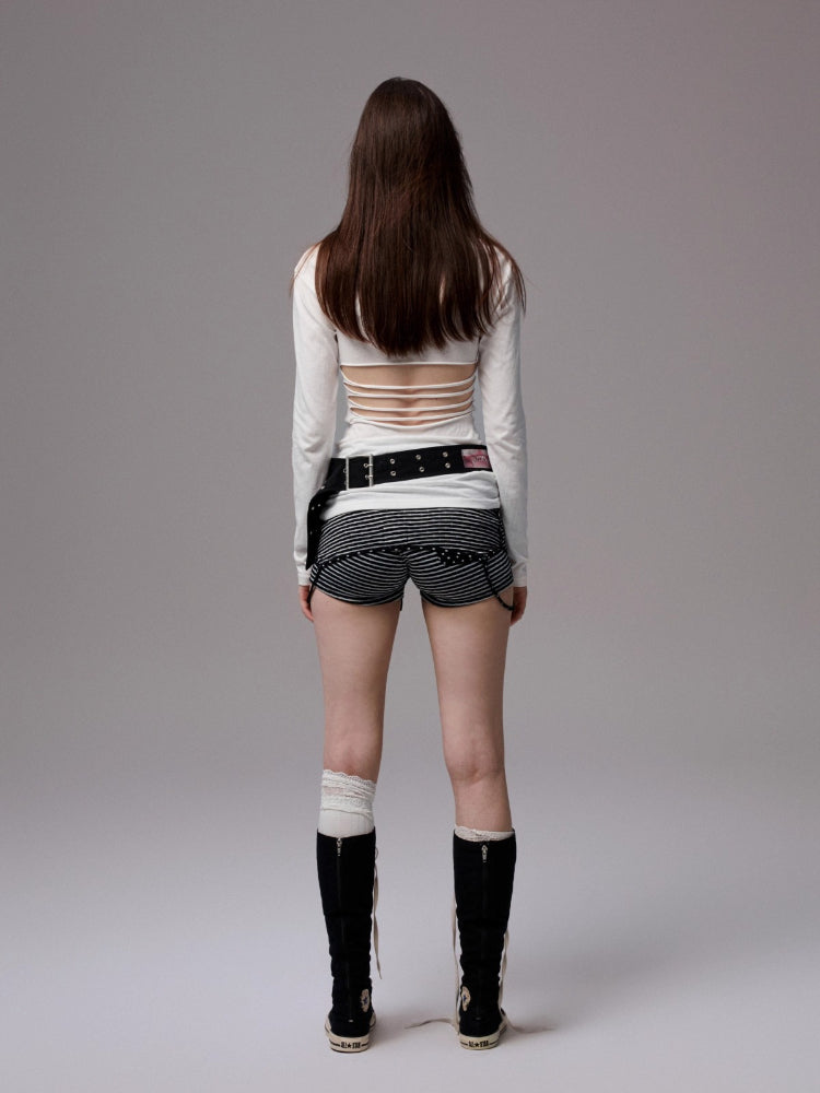 Cat Print Open-Back Long-Sleeve T-shirt
