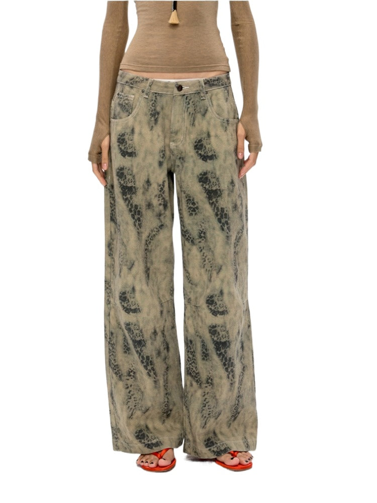 Leopard Print Straight Leg Grey Jeans