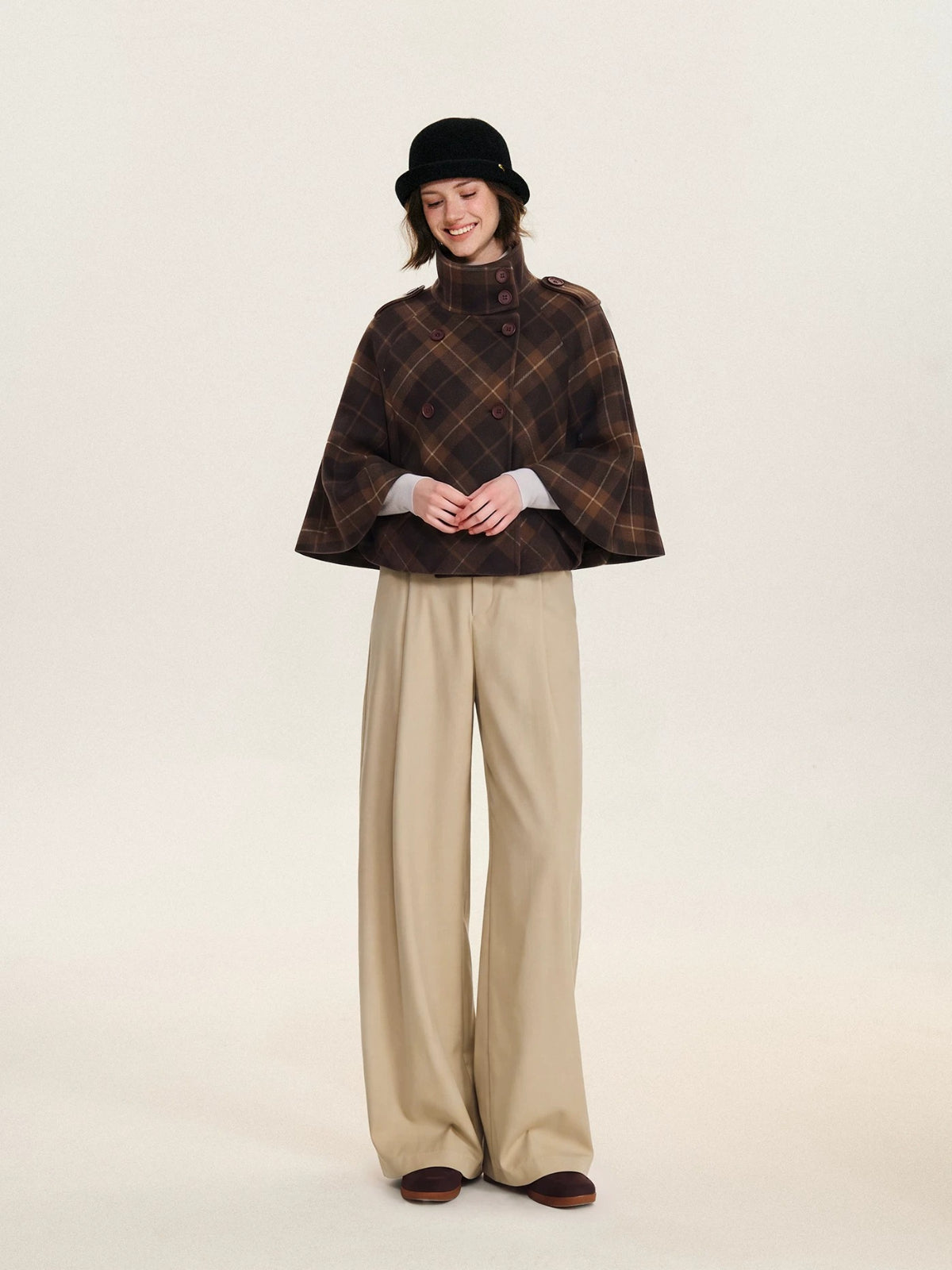 Checked Wool Blend Cape Coat