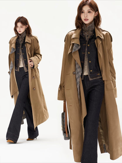 Khaki Plaid Belted Trench Coat
