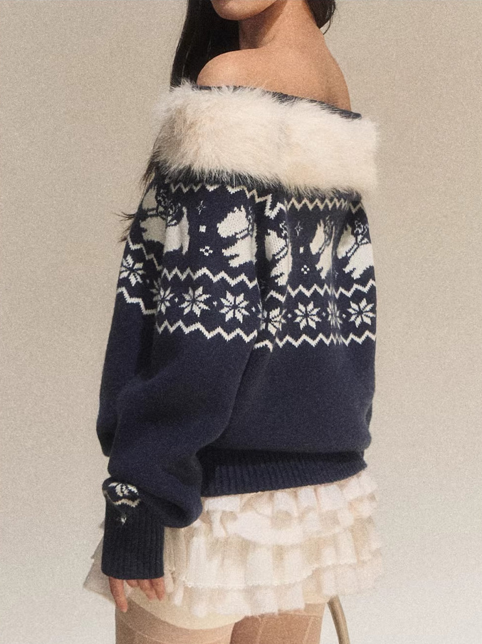Navy Blue Fair Isle Off-Shoulder Knit Top