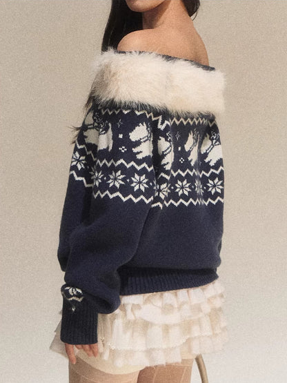 Navy Blue Fair Isle Off-Shoulder Knit Top