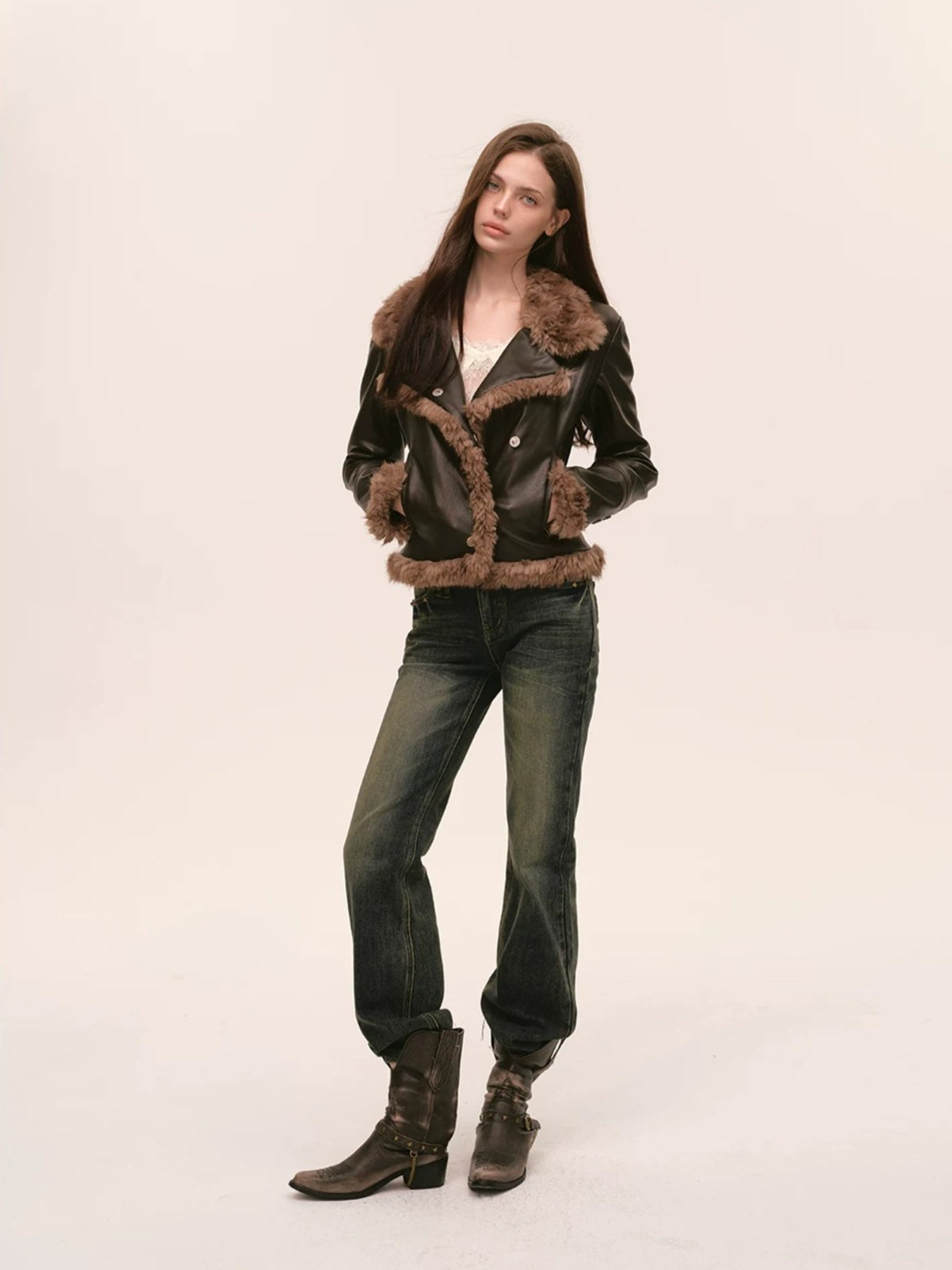 Asymmetric Fur-Trimmed Faux Leather Jacket
