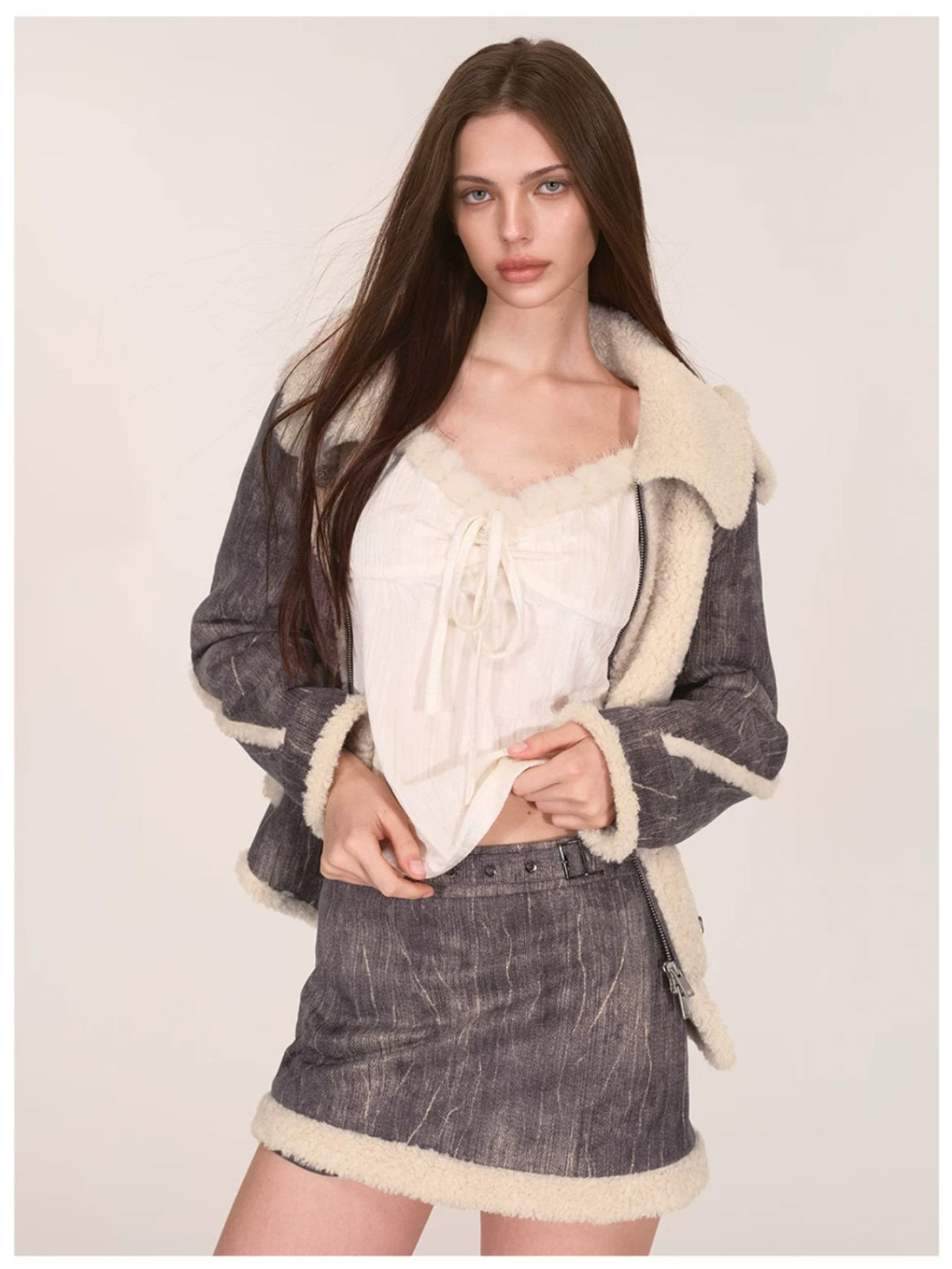 Velvet Fur-Trimmed Tie Front Camisole