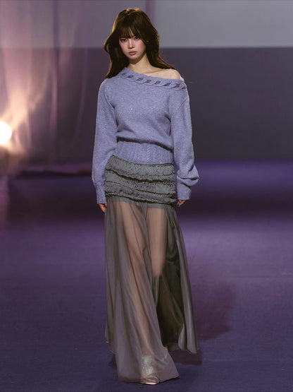 Pleated Mesh Maxi Skirt