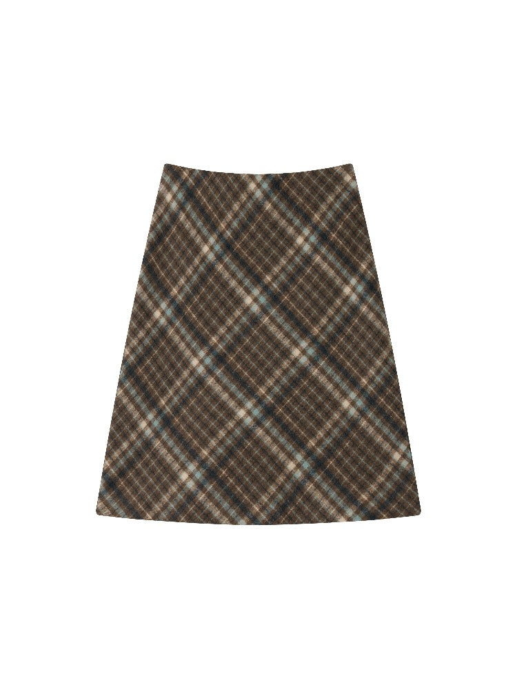 Plaid Wool-Blend Midi Skirt