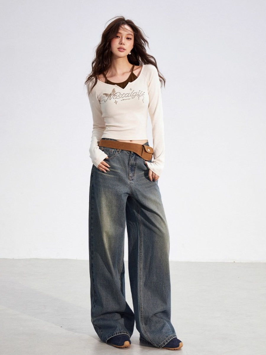 Leather-Patch Wide-Leg Denim Pants