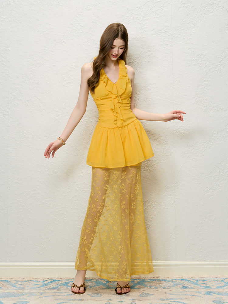 Yellow &amp; Black Lace Sheer Midi Skirt