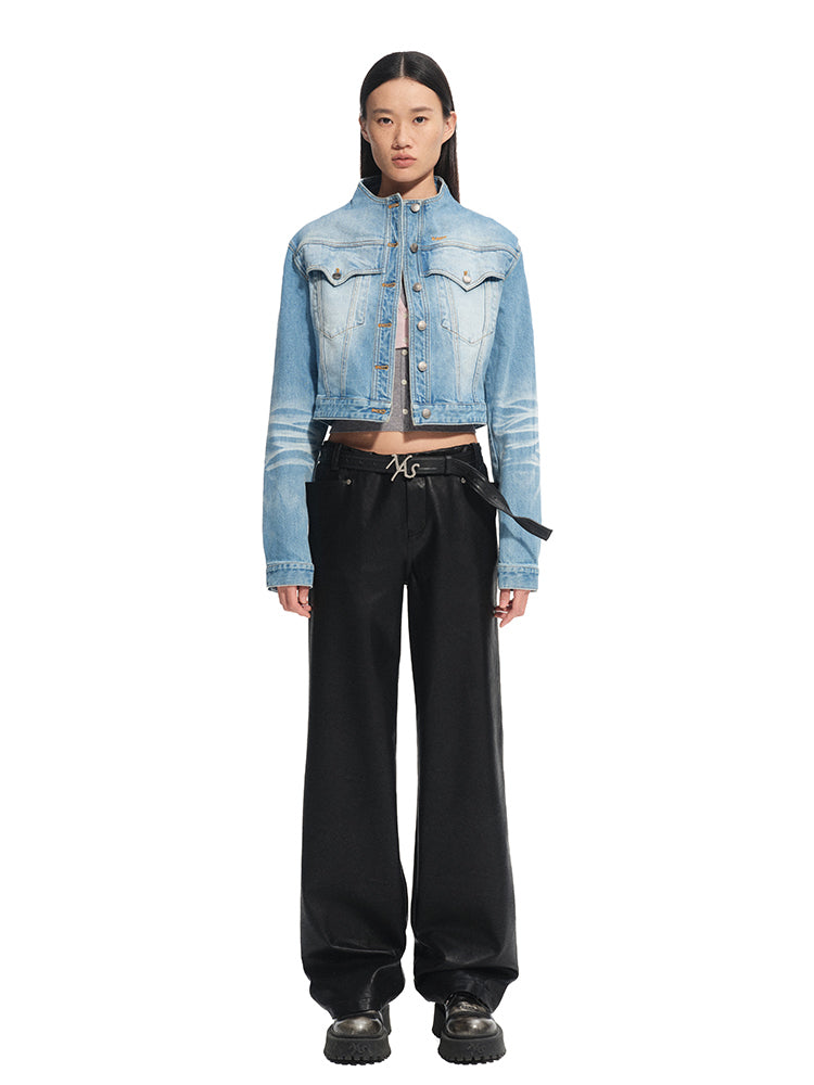 Twill Denim Cat-Whisker Stand-Collar Short Jacket