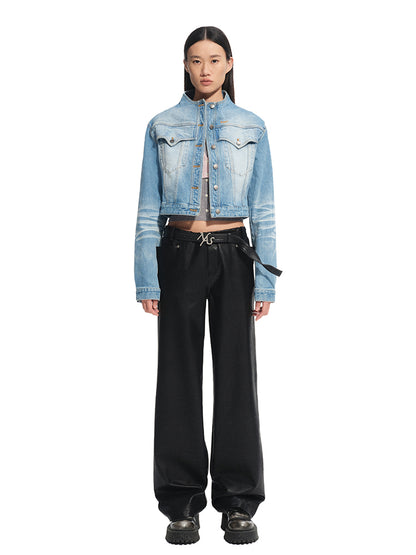 Twill Denim Cat-Whisker Stand-Collar Short Jacket