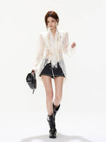 French Lace Chiffon Tie Waist Blouse