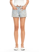 Washed and Distressed Straight-Leg Mid-Rise Hot Pants