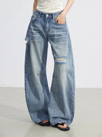 Distressed Curved Wide-Leg Jeans