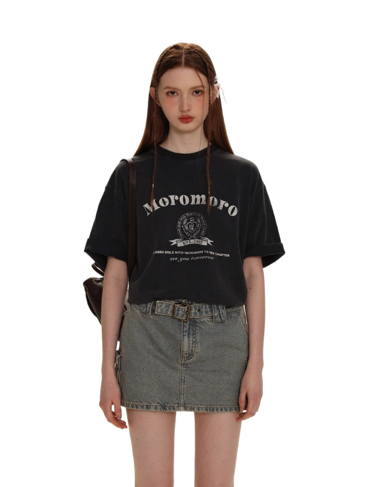 Navy Blue Distressed Print Loose T-Shirt