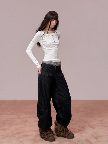 Rose Button Detail Fitted Long Sleeve Top