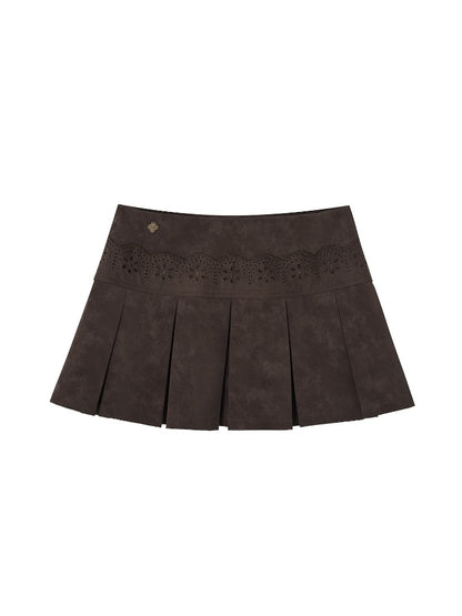 Lace-Trimmed Velvet Pleated Faux Leather Mini Skirt