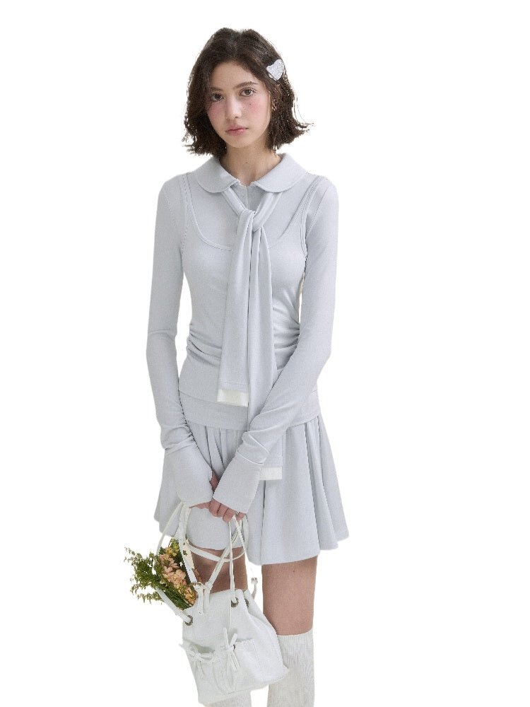 White & Blue Collared Knit Top & Skirt Set