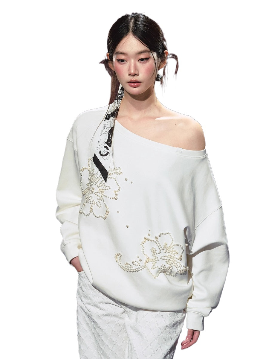 Beaded Off-shoulder Silhouette Sweatshirt