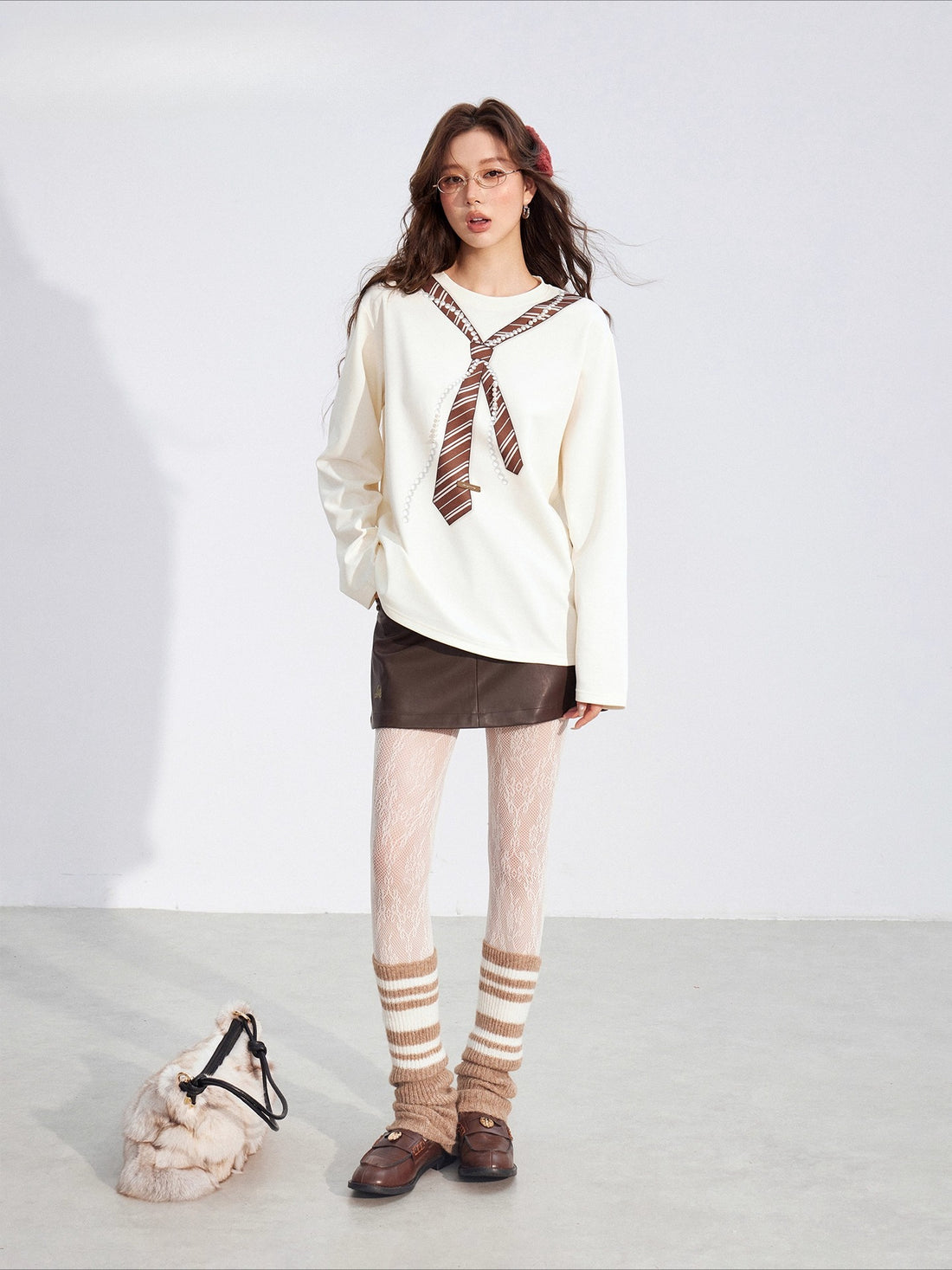 Pearl-Tie Printed Loose Long-Sleeve T-Shirt